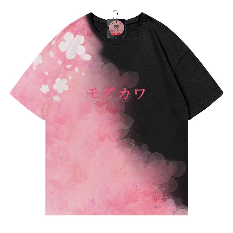 Flower Gradient Letter Print Modakawa T-shirt - Pink&Black - 5XL - image 3
