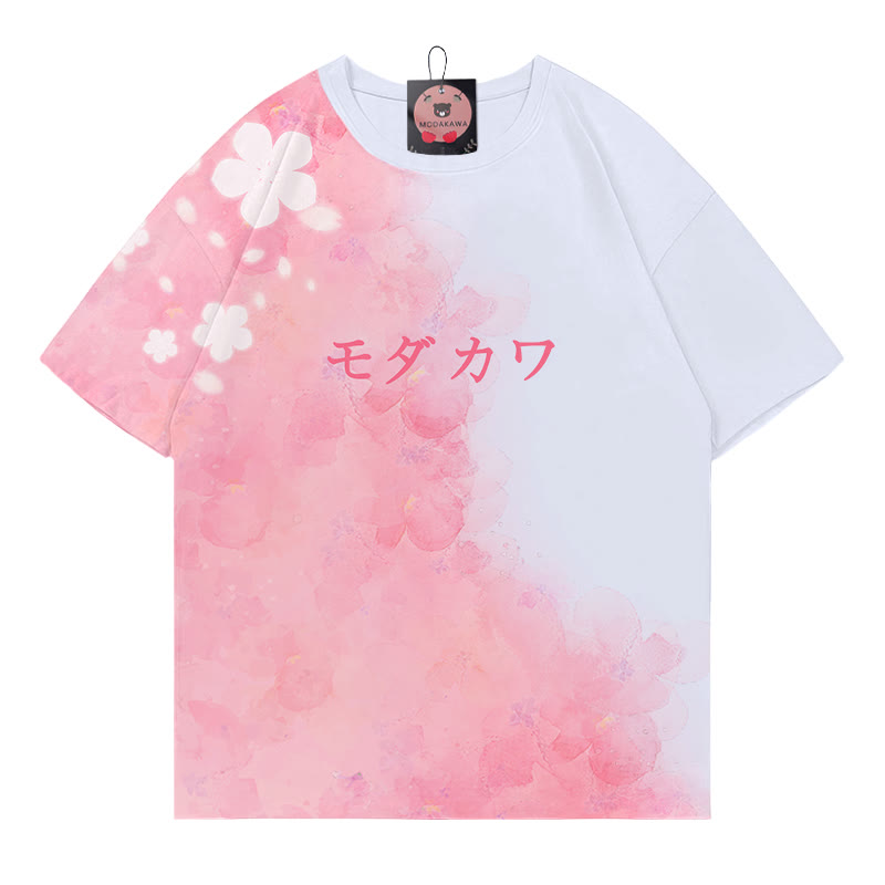 Flower Gradient Letter Print Modakawa T-shirt - Pink&White - 5XL - image 1