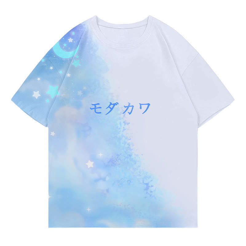 Moon Star Gradient Letter Print Modakawa T-shirt - Blue&White - 5XL - image 2