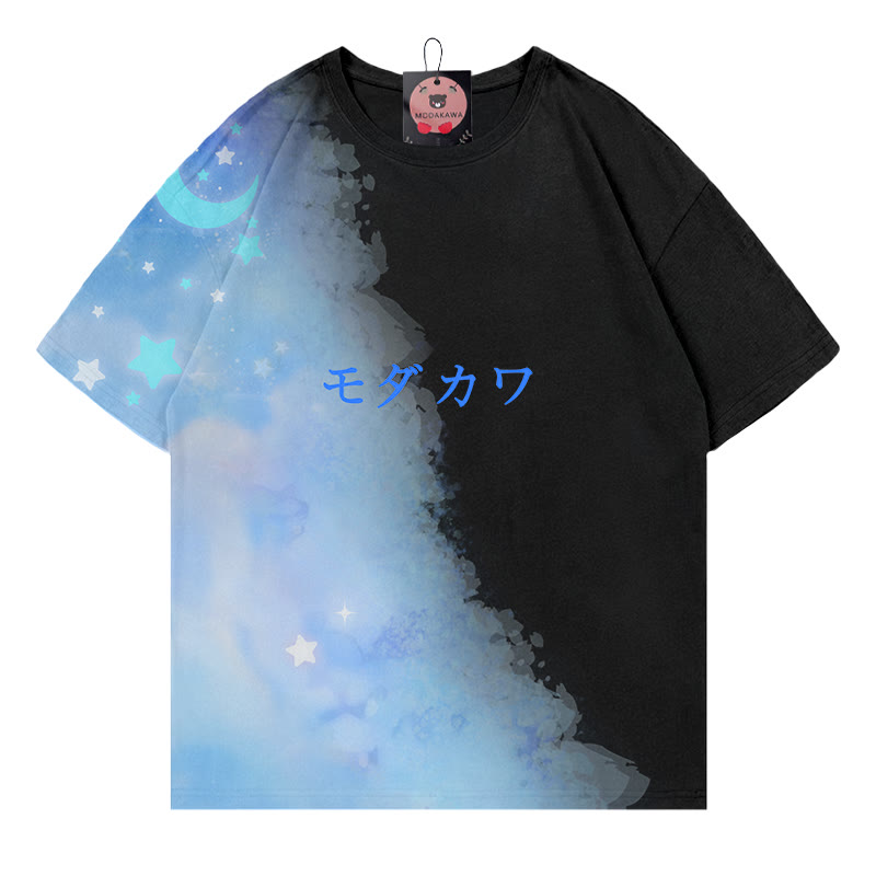 Moon Star Gradient Letter Print Modakawa T-shirt - Blue&Black - 5XL - image 1