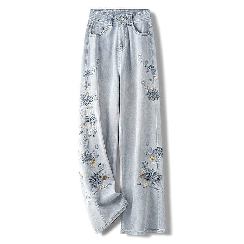 Flower Embroidery Casual Denim Pants - image 1