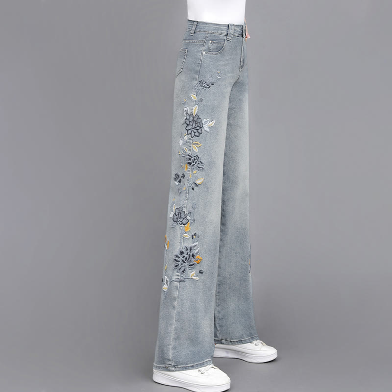 Flower Embroidery Casual Denim Pants - Blue - 3XL - image 2