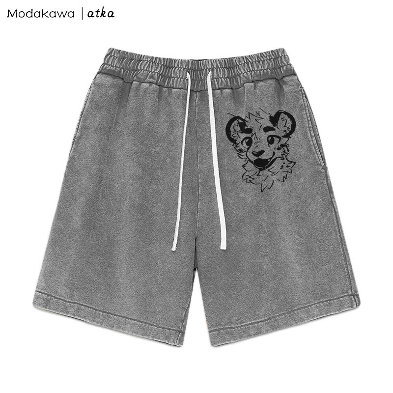MODAKAWA X atka Cheeky Tiger Face Graphic Vintage Washed Shorts - Grey - 3XL - image 1