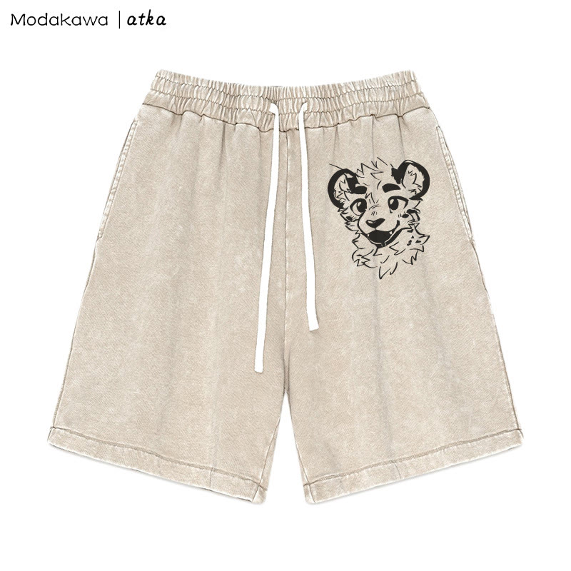 MODAKAWA X atka Cheeky Tiger Face Graphic Vintage Washed Shorts - Apricot - 3XL - image 4