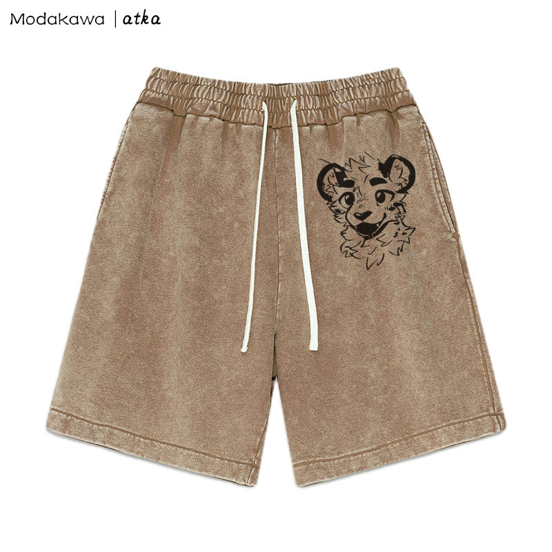MODAKAWA X atka Cheeky Tiger Face Graphic Vintage Washed Shorts - Brown - 3XL - image 3