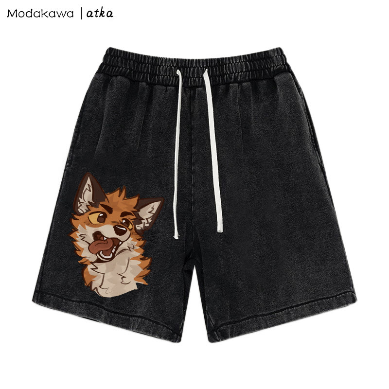 MODAKAWA X atka Playful Fox Face Graphic Vintage Washed Shorts - Black - 3XL - image 2