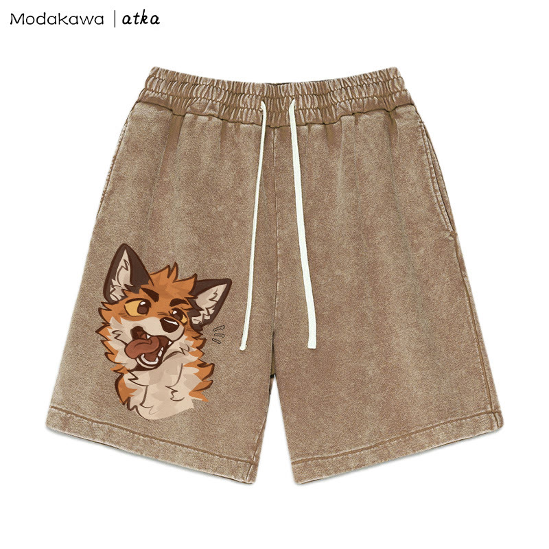 MODAKAWA X atka Playful Fox Face Graphic Vintage Washed Shorts - Brown - 3XL - image 1