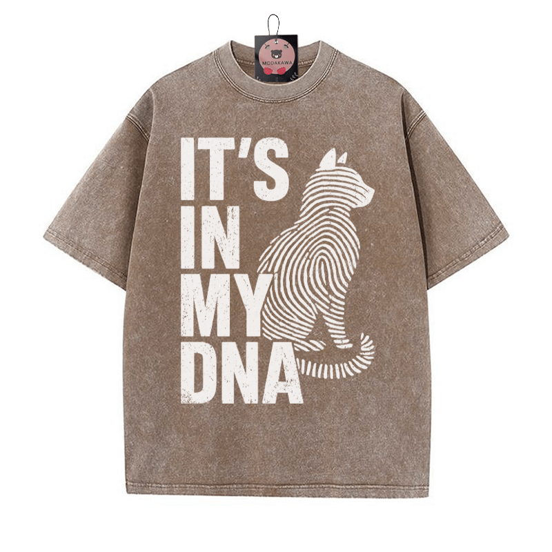 IT'S IN MY DNA Fingerprint Kitty Print Vintage Washed T-shirt - Brown - 5XL - image 5