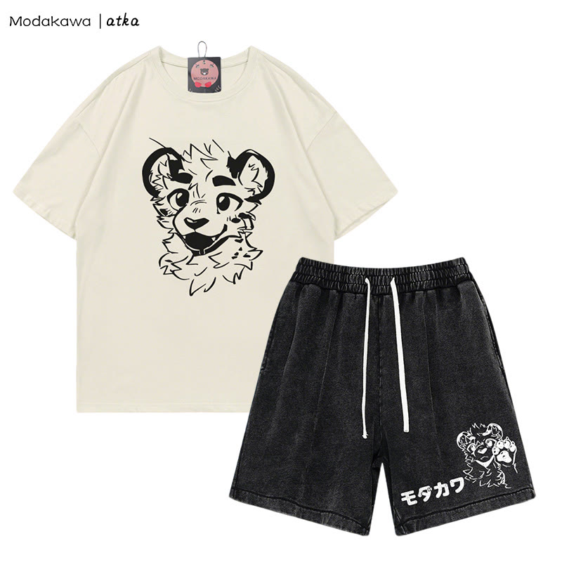 MODAKAWA X atka Tiger Print T-shirt Vintage Washed Shorts Two Pieces Set - Beige&Black - 3XL - image 2