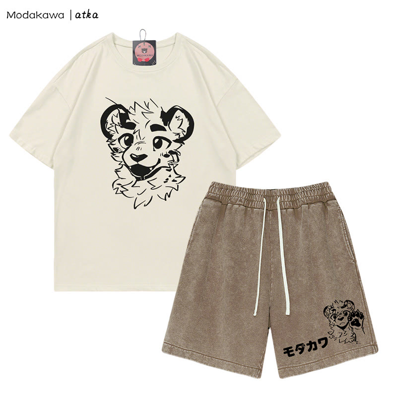MODAKAWA X atka Tiger Print T-shirt Vintage Washed Shorts Two Pieces Set - Beige&Brown - 3XL - image 1