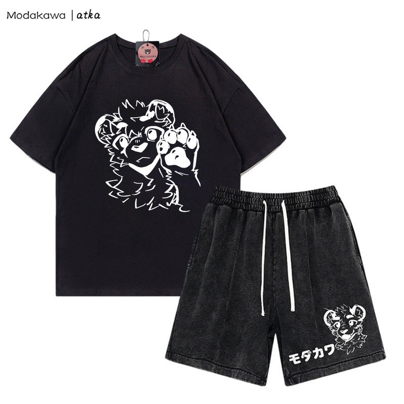 MODAKAWA X atka Tiger Print T-shirt Vintage Washed Shorts Two Pieces Set - Black - 3XL - image 5