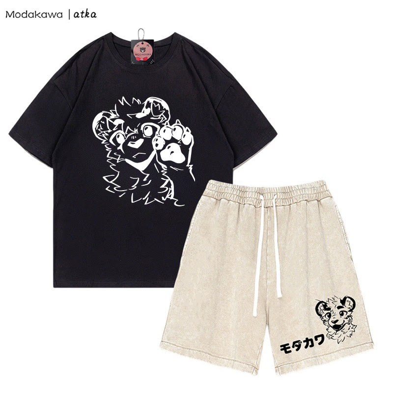 MODAKAWA X atka Tiger Print T-shirt Vintage Washed Shorts Two Pieces Set - Black&Apricot - 3XL - image 4