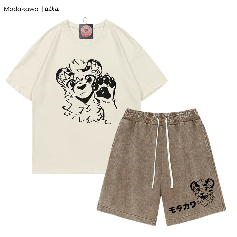 MODAKAWA X atka Tiger Print T-shirt Vintage Washed Shorts Two Pieces Set - Beige&Brown - 3XL - image 2