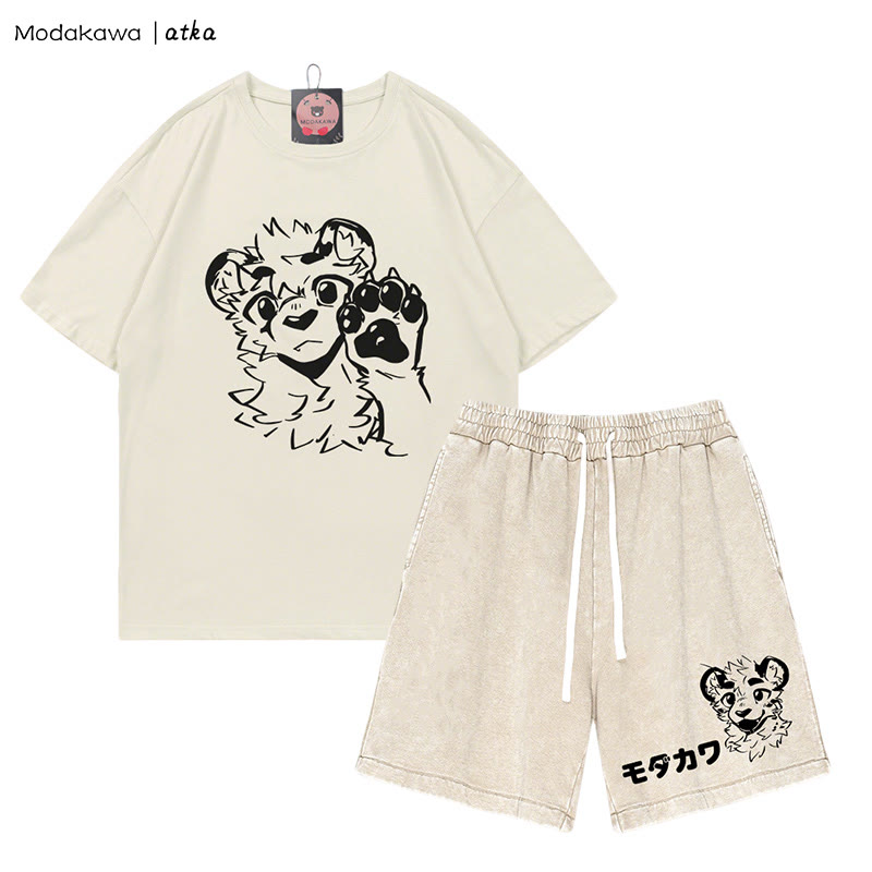 MODAKAWA X atka Tiger Print T-shirt Vintage Washed Shorts Two Pieces Set - Beige - 3XL - image 1