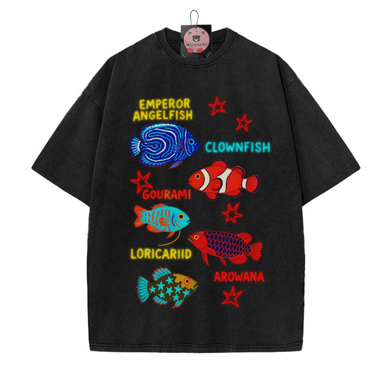 Fish Star Print Vintage Washed T-shirt - Black - 5XL - image 4