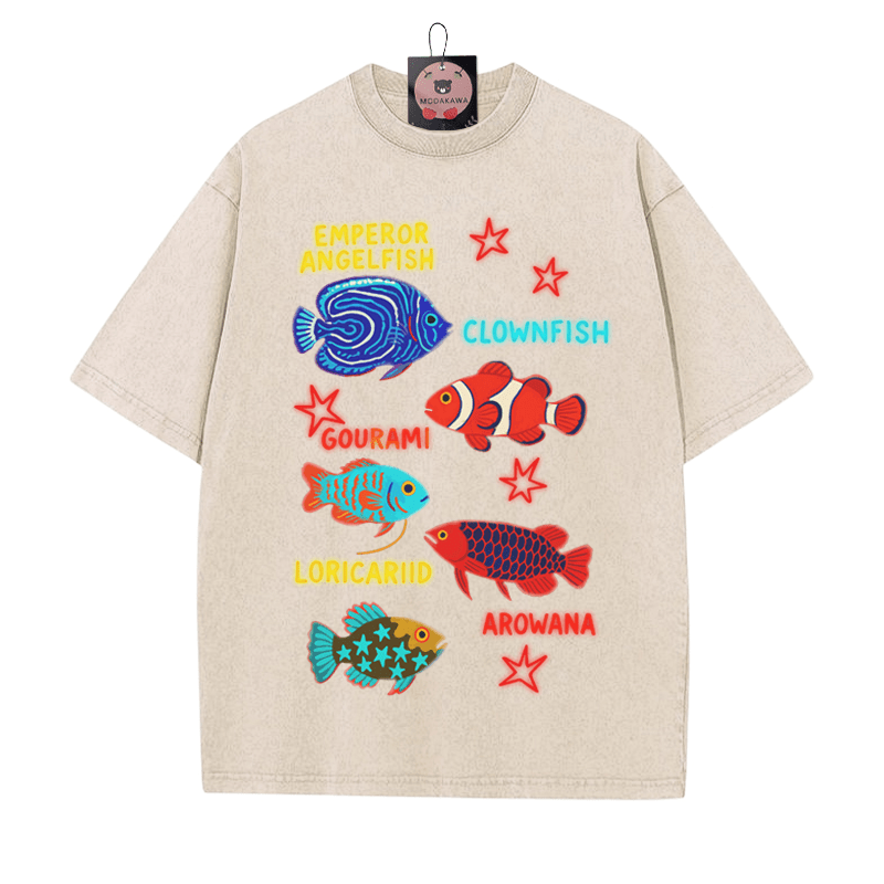 Fish Star Print Vintage Washed T-shirt - Apricot - 5XL - image 2