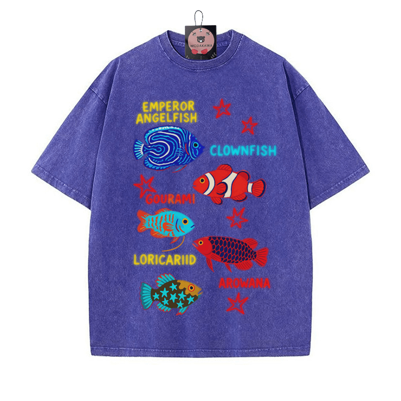 Fish Star Print Vintage Washed T-shirt - Blue - 5XL - image 3