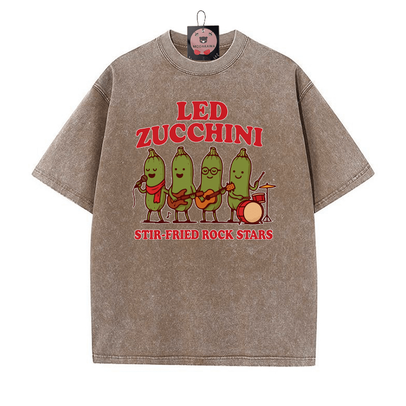 LED ZUCCHINI Band Print Vintage Washed T-shirt - Brown - 5XL - image 2