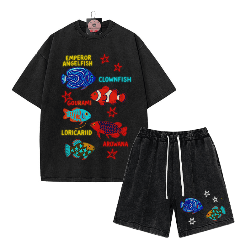 Fish Star Print T-shirt Vintage Washed Shorts Two Pieces Set - Black - 3XL - image 7