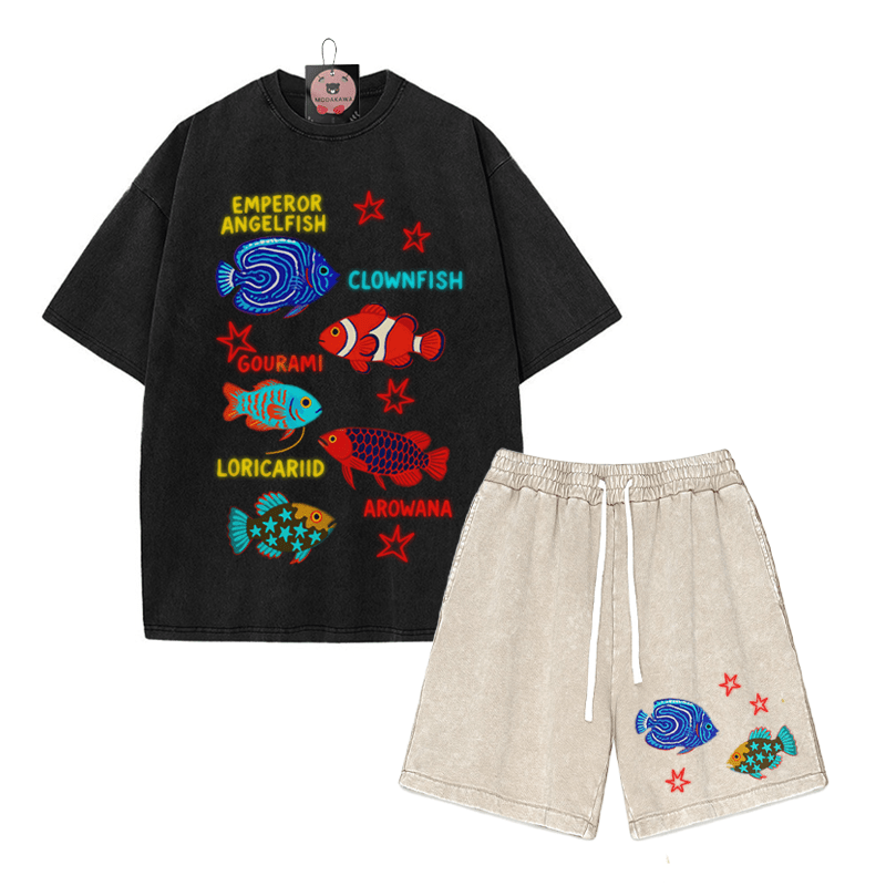 Fish Star Print T-shirt Vintage Washed Shorts Two Pieces Set - Black&Apricot - 3XL - image 5