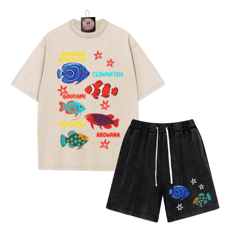 Fish Star Print T-shirt Vintage Washed Shorts Two Pieces Set - Beige&Black - 3XL - image 4