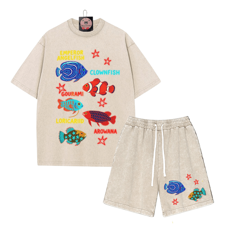 Fish Star Print T-shirt Vintage Washed Shorts Two Pieces Set - Beige - 3XL - image 2