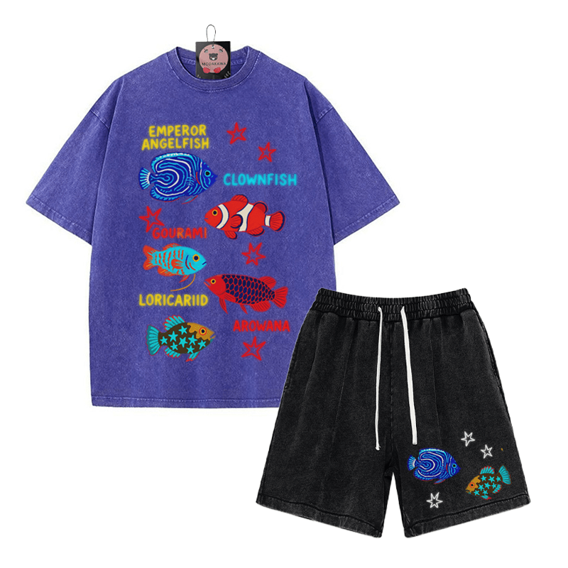 Fish Star Print T-shirt Vintage Washed Shorts Two Pieces Set - Blue&Black - 3XL - image 1