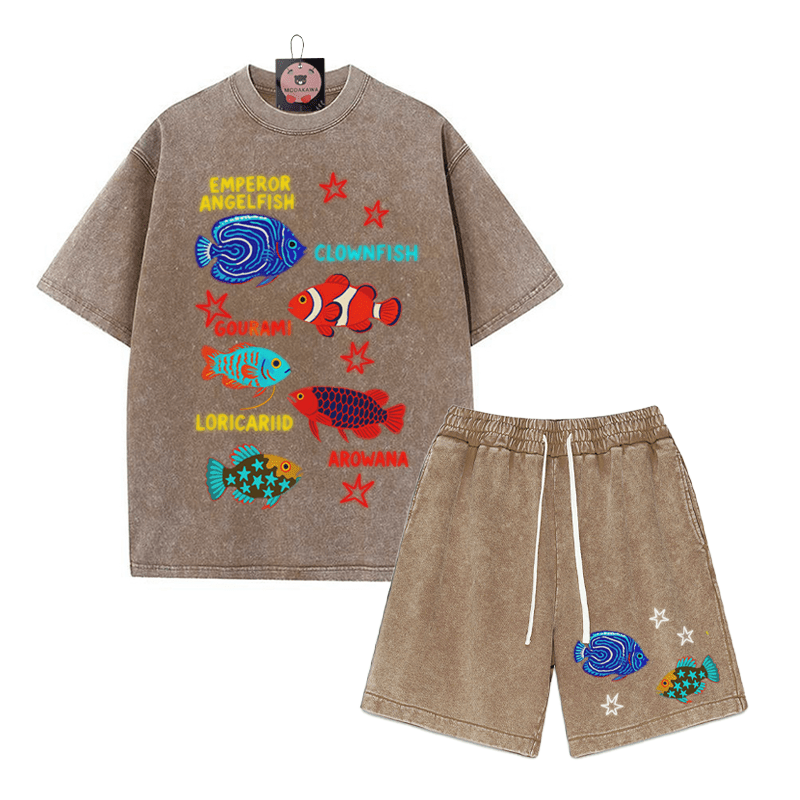 Fish Star Print T-shirt Vintage Washed Shorts Two Pieces Set - Brown - 3XL - image 10