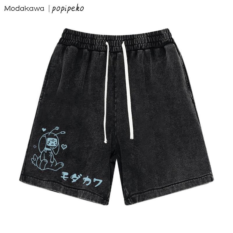 MODAKAWA X popipeko Robot Bunny Print Vintage Washed Shorts - Black - 3XL - image 1