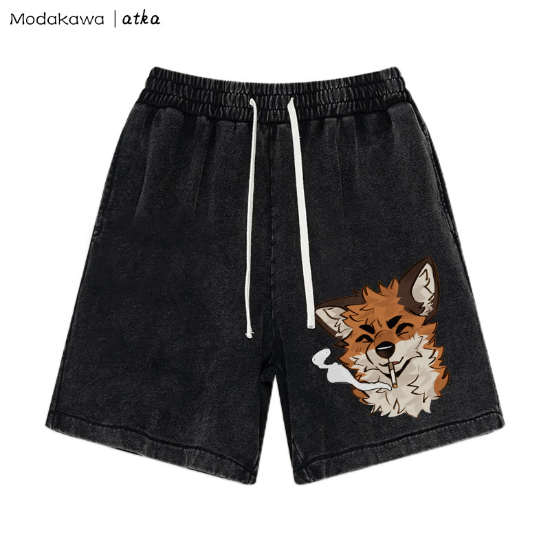 MODAKAWA X atka Fox Smoking Graphic Vintage Washed Shorts - Black - 3XL - image 1