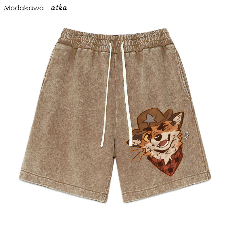 MODAKAWA X atka Cowboy Fox Winking Graphic Vintage Washed Shorts - Brown - 3XL - image 1