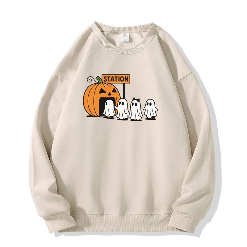 Pumpkin Ghost Print Round Collar Sweatshirt - Apricot - 5XL - image 2