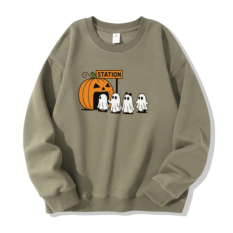 Pumpkin Ghost Print Round Collar Sweatshirt - Green - 5XL - image 1