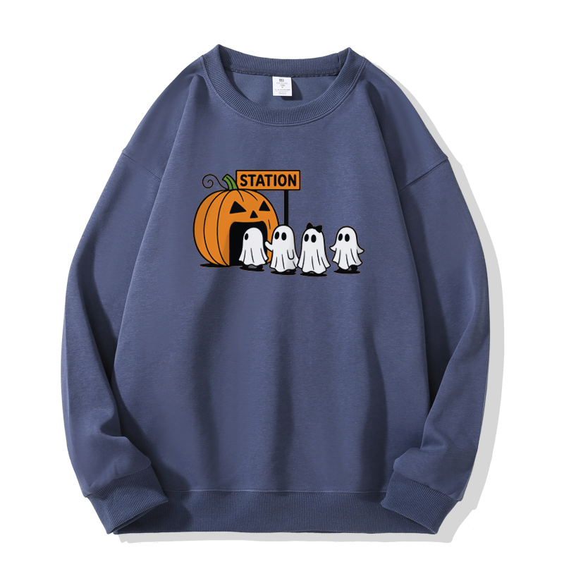 Pumpkin Ghost Print Round Collar Sweatshirt - Dusty Blue - 5XL - image 7