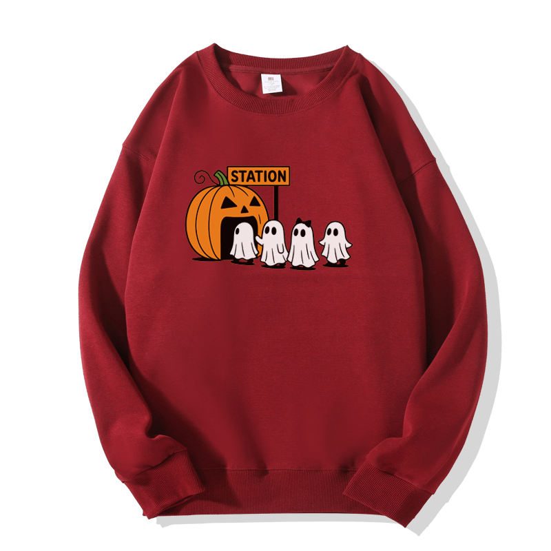 Pumpkin Ghost Print Round Collar Sweatshirt - Wine Red - 5XL - image 6