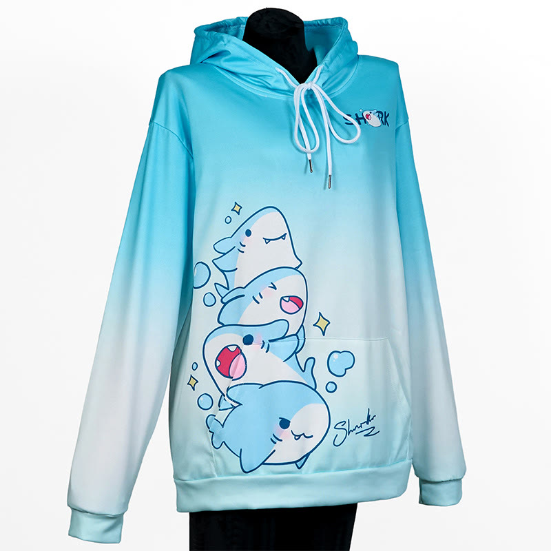 Modakawa Shark Letter Print Loose Hoodie - Blue&White - 5XL - image 6