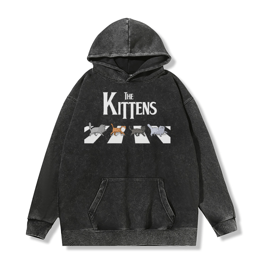 THE KITTENS Unisex Vintage Washed Hoodie Abbey Road Cat Graphic Pullover - Black - 2XL - image 1