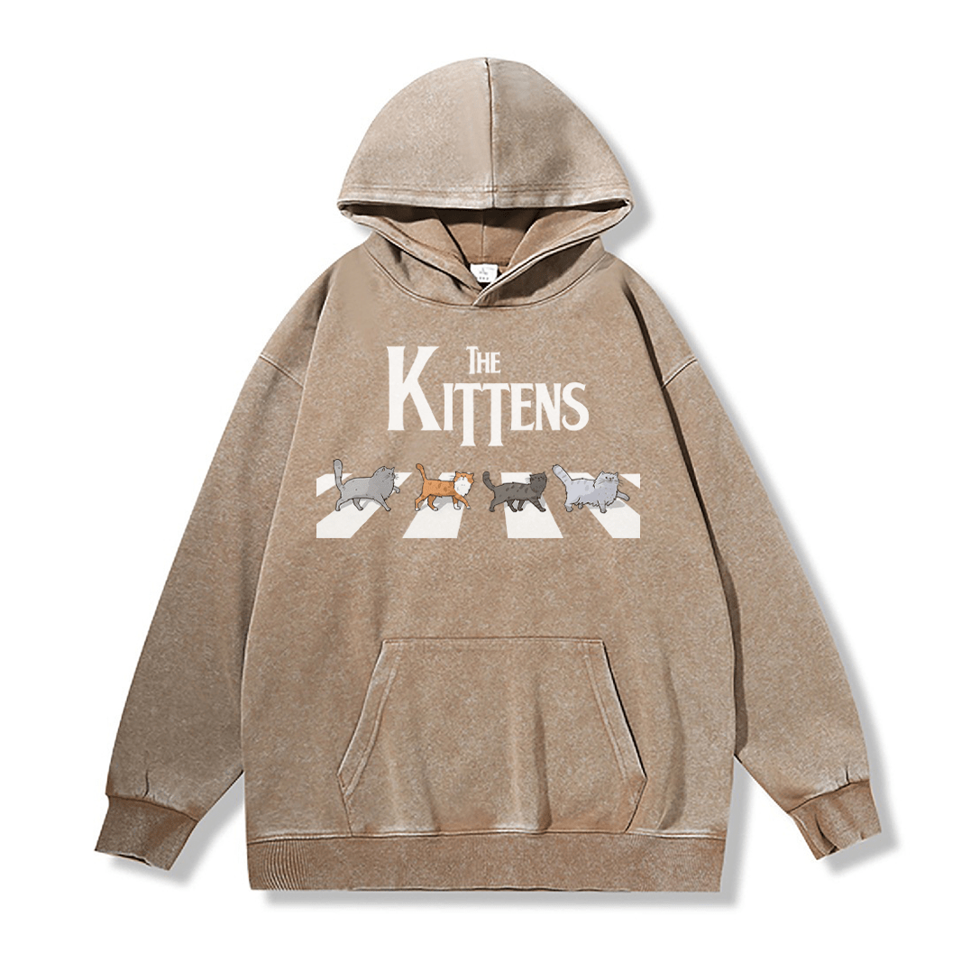 THE KITTENS Unisex Vintage Washed Hoodie Abbey Road Cat Graphic Pullover - Khaki - 2XL - image 3
