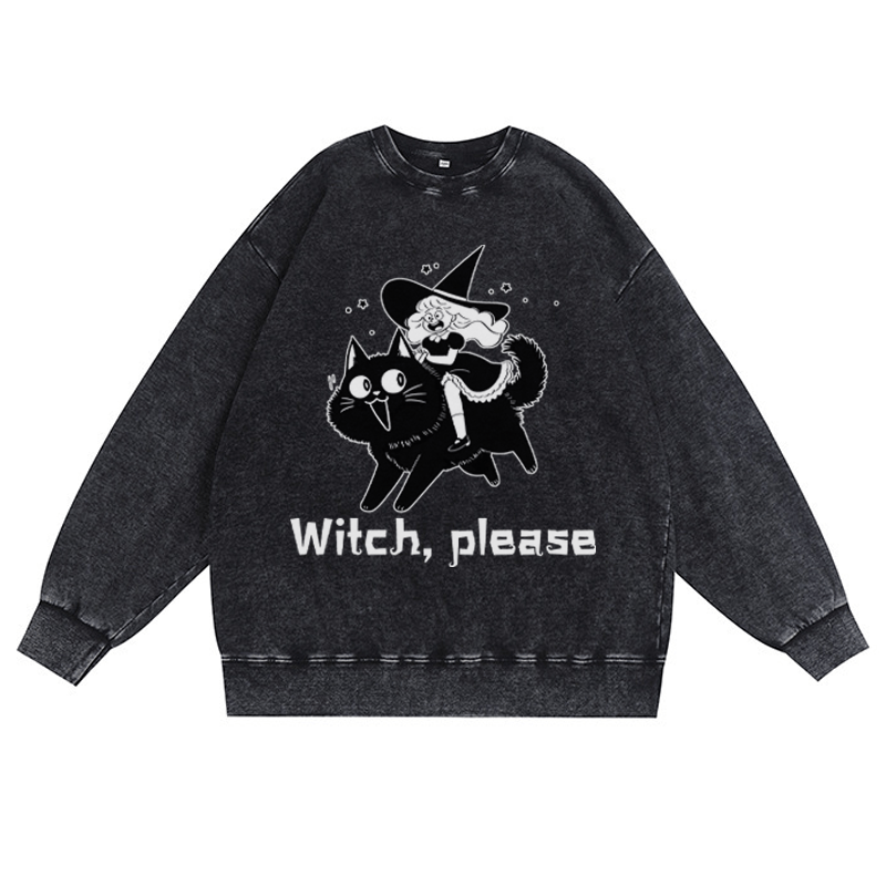 WITCH PLEASE Unisex Vintage Washed Sweatshirt Halloween Graphic Crewneck Pullover - Black - 3XL - image 2