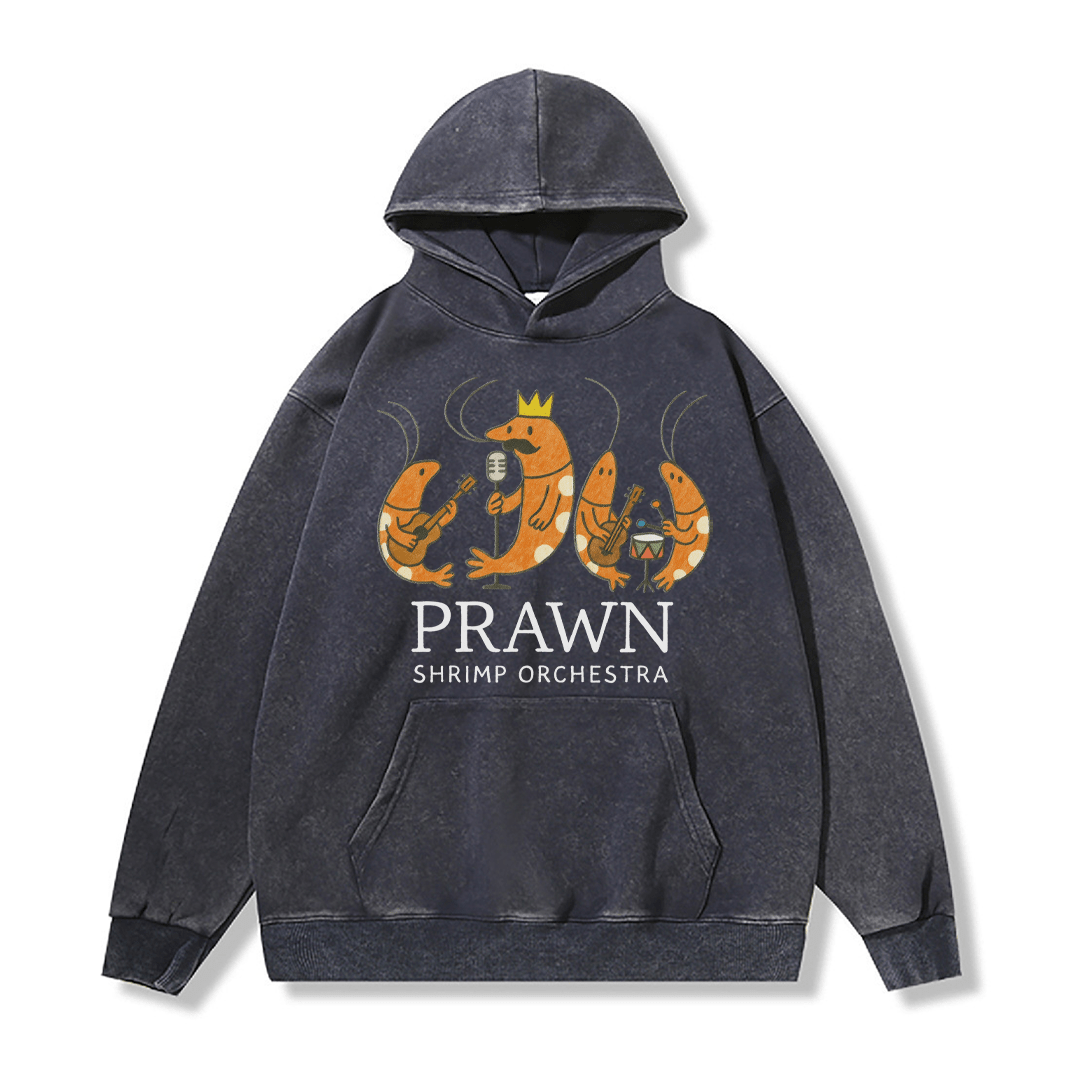 PRAWN SHRIMP ORCHESTRA Unisex Vintage Washed Hoodie Band Graphic Pullover - Purplish Blue - 2XL - image 3