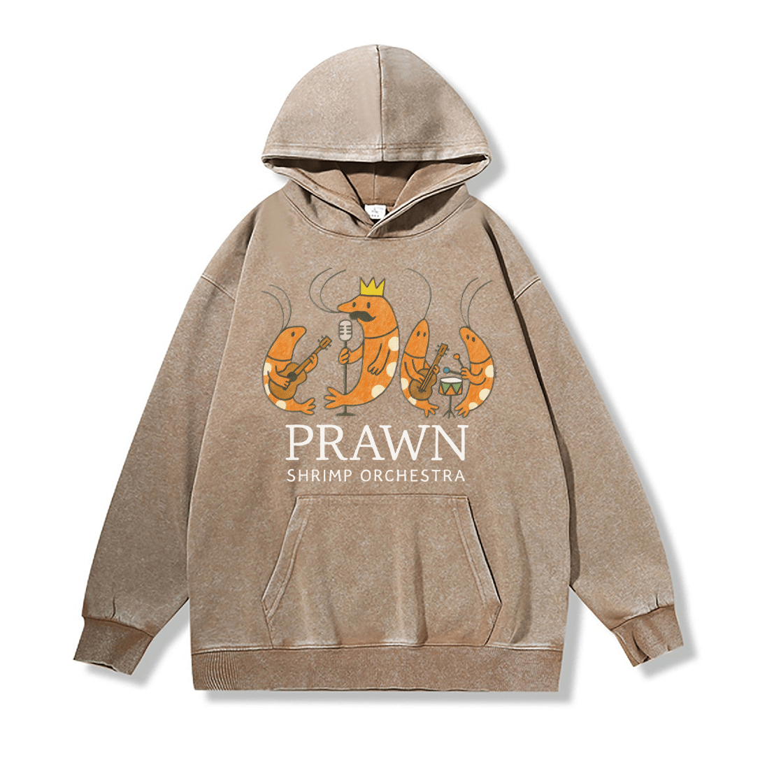 PRAWN SHRIMP ORCHESTRA Unisex Vintage Washed Hoodie Band Graphic Pullover - Brown - 2XL - image 1