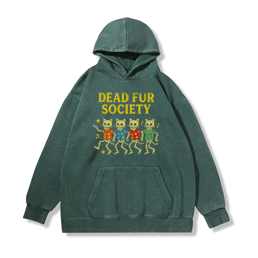 DEAD FUR SOCIETY Unisex Vintage Washed Hoodie Skull Cat Graphic Pullover - Green - 2XL - image 4