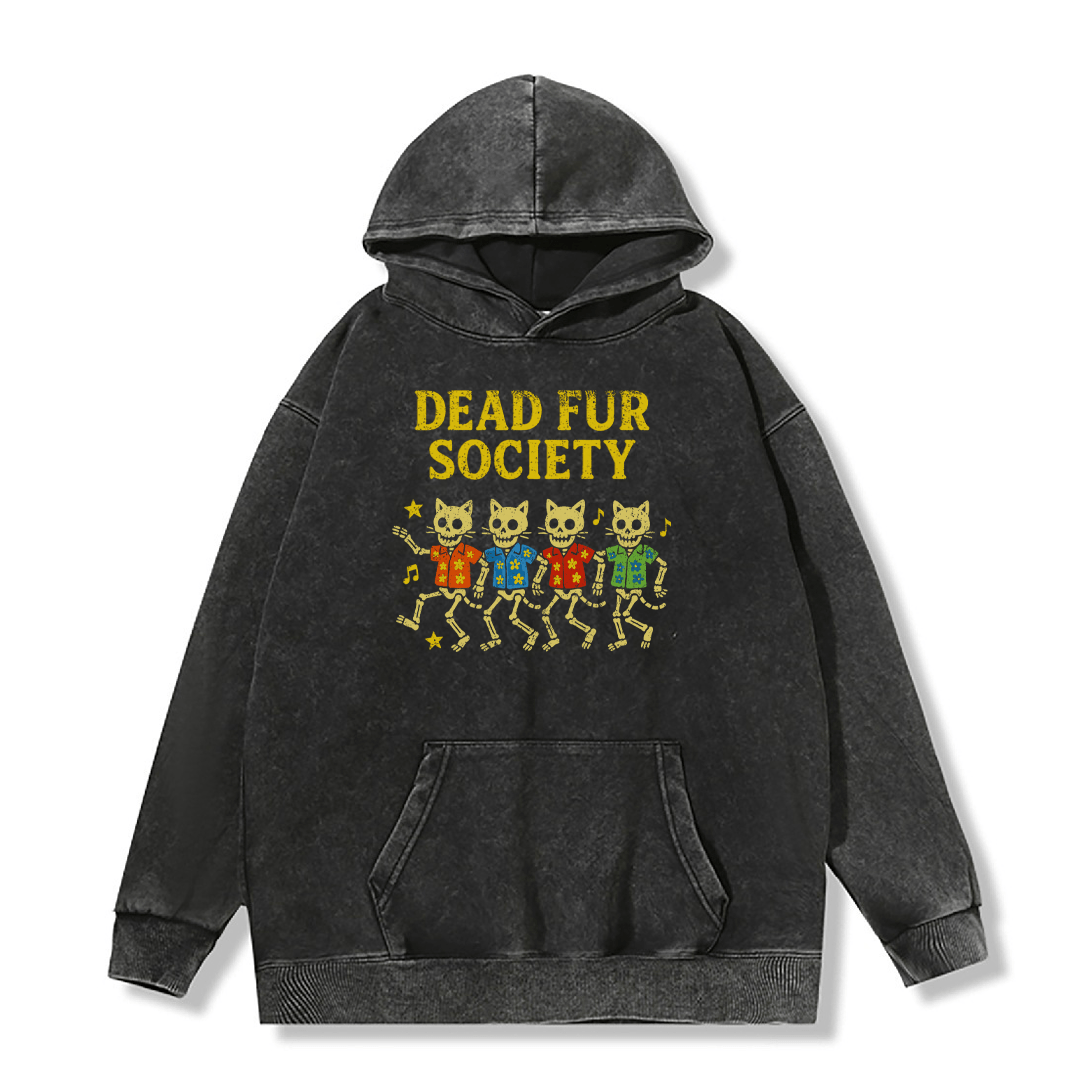 DEAD FUR SOCIETY Unisex Vintage Washed Hoodie Skull Cat Graphic Pullover - Black - 2XL - image 1
