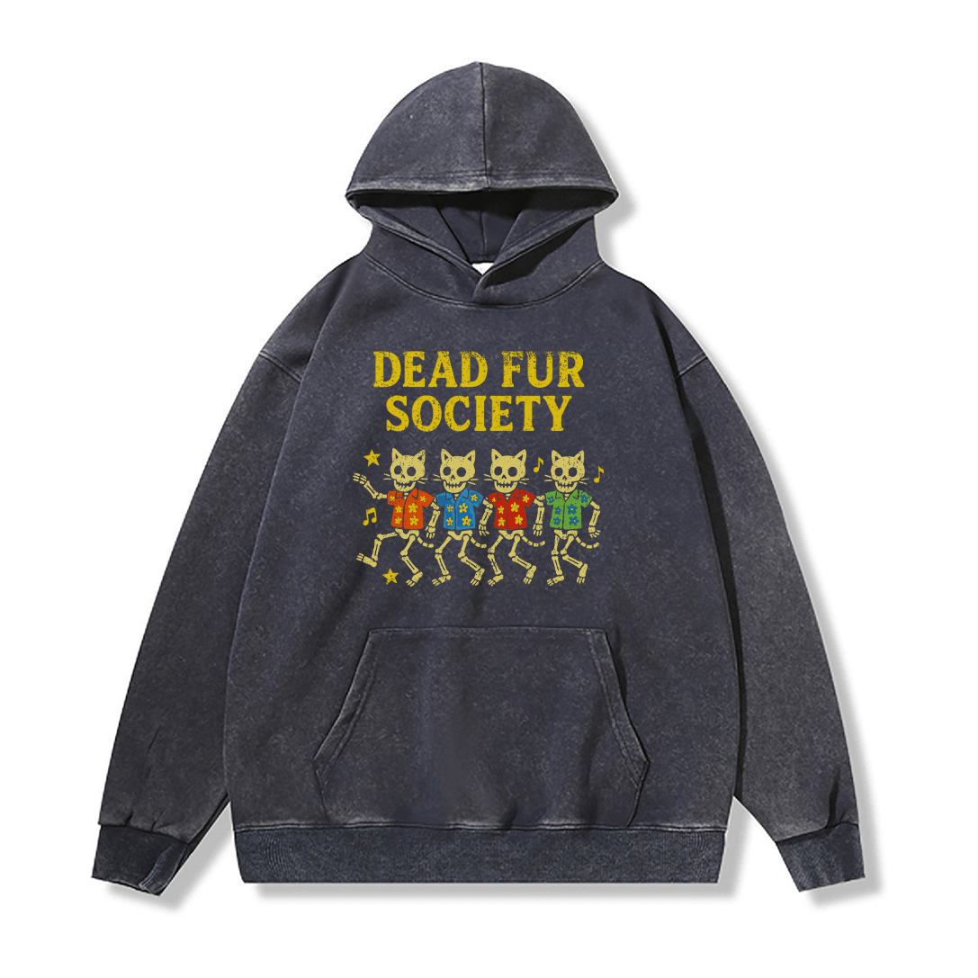 DEAD FUR SOCIETY Unisex Vintage Washed Hoodie Skull Cat Graphic Pullover - Purplish Blue - 2XL - image 2