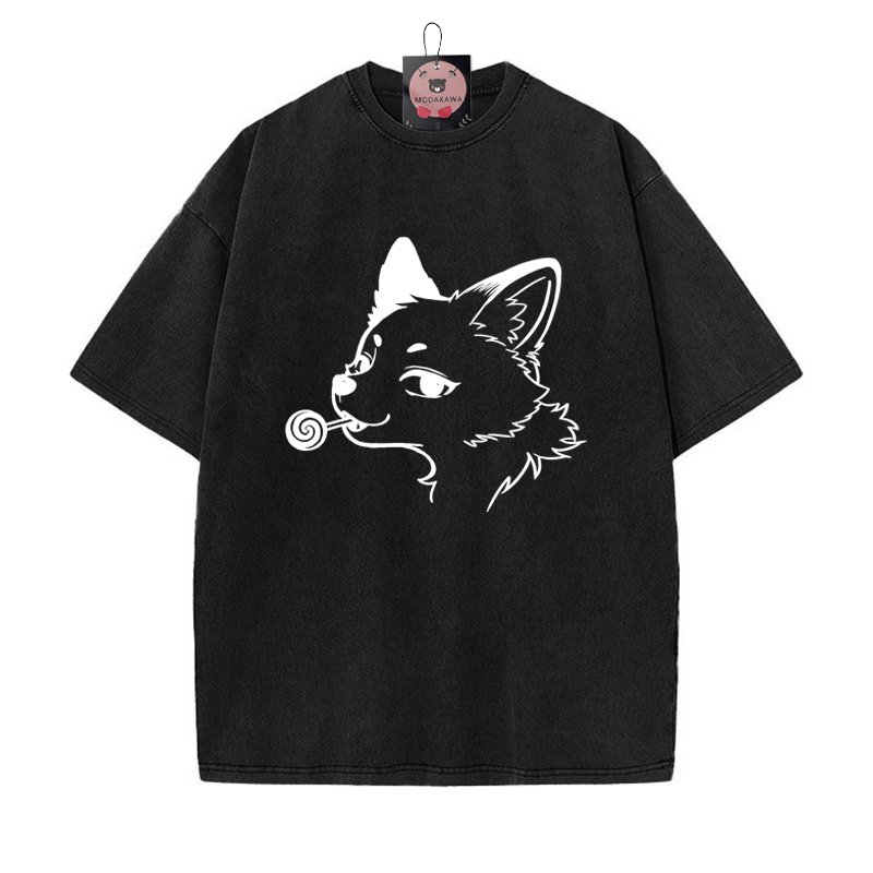 Fox Print Vintage Washed T-shirt - Black - 5XL - image 4