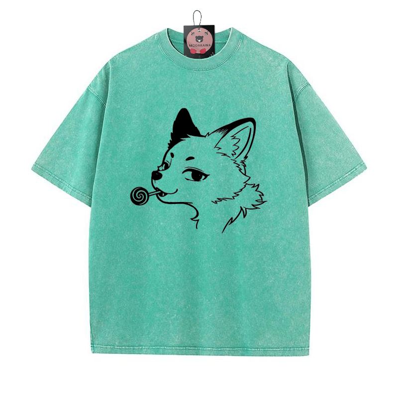 Fox Print Vintage Washed T-shirt - Green - 5XL - image 2