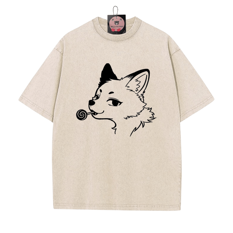 Fox Print Vintage Washed T-shirt - Apricot - 5XL - image 1