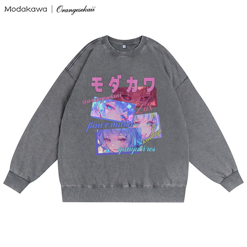 MODAKAWA X orangesekaii Unisex Vintage Washed Sweatshirt Zax Flowermiku Kitsunya Ganyuhires Graphic Crewneck Pullover - Grey - 3XL - image 2