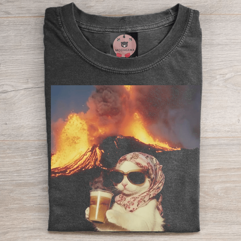 Coffee-Drinking Cat With Volcano Eruption Graphic Unisex Vintage Washed T-Shirt - Black - 5XL - image 1