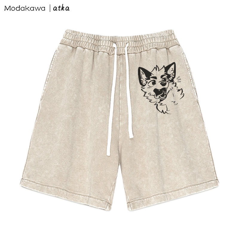 MODAKAWA X atka Playful Fox Face Graphic Vintage Washed Shorts - Apricot - 3XL - image 3